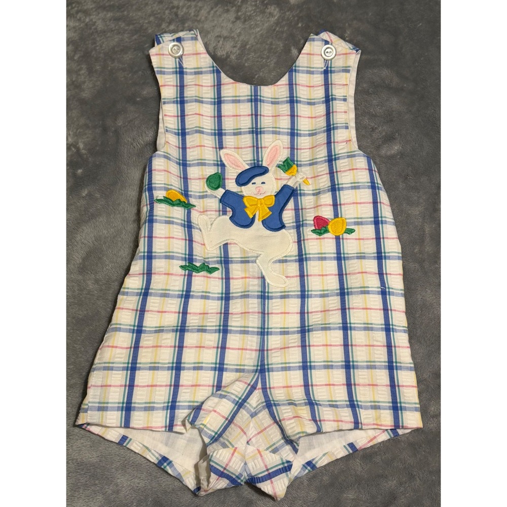 Kellys Kids Vintage Easter Bunny Seersucker Jon Jon Romper Plaid Blue 4T USA